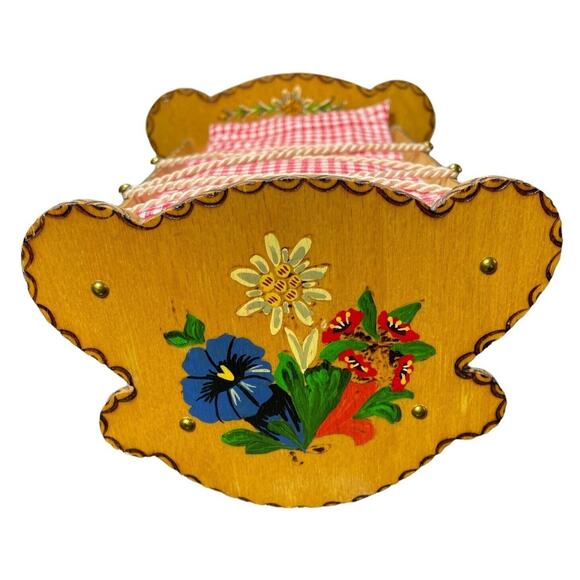 RARE Reuge Hand Painted Rocking Musical Doll Cradle Brahms Lullaby Swiss Works - Picture 4 of 12